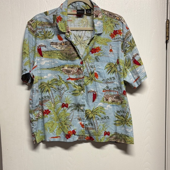 Erika Tops - Erika Tropical Print Button Down Shirt - Blue and Green